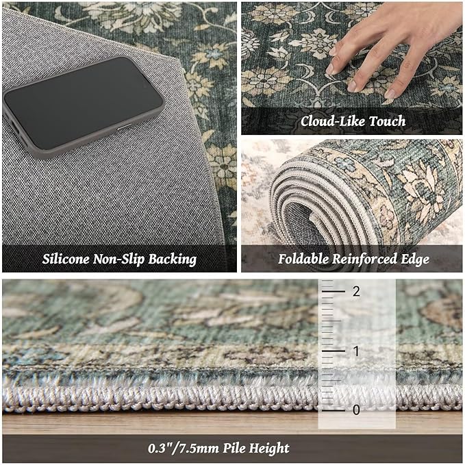 Washable 4x6 Rugs for Living Room, Boho Non-Slip Vintage Distress Small Rugs for Bedroom Nursery Office, 0.3" Neutral Oriental Throw Thin Carpet with Cushioning Pad, Sage Green/Blue/Multi