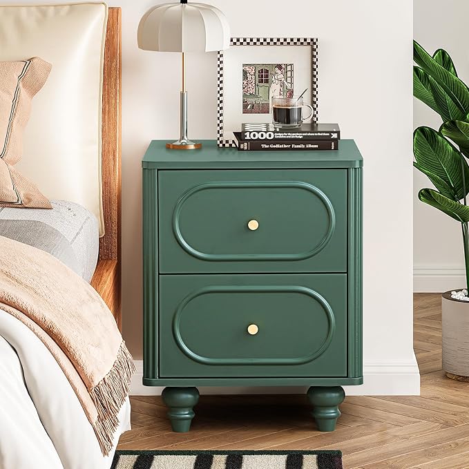2 Drawer Fluted Nightstand, Mid Century Modern Farmhouse Night Stand Small End Table Bedside Table for Bedroom, Green