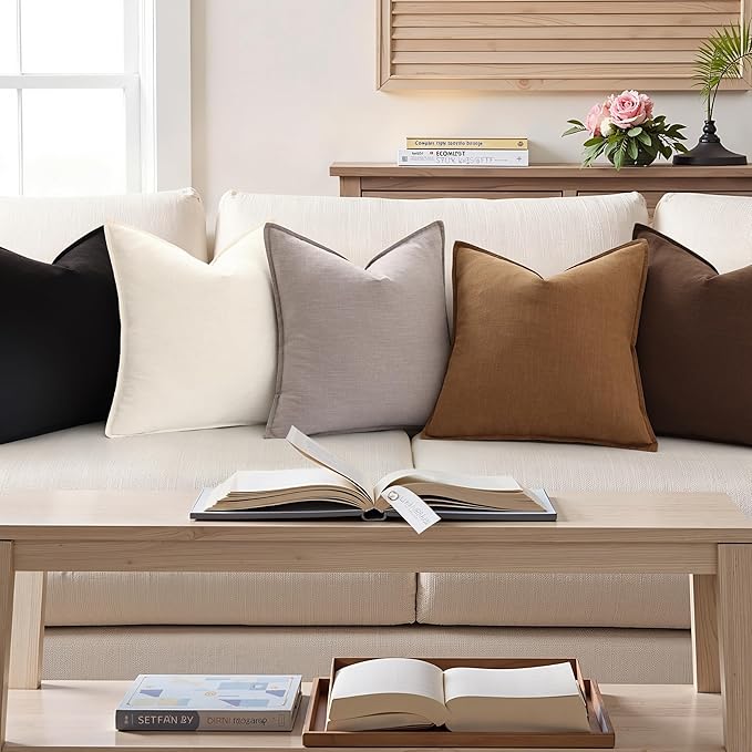 decorUhome Spring Decorative Linen Euro Sham Throw Pillow Covers 22x22 Inch Set of 2 Chocolate Pillow Covers with Flange Edges Soft Farmhouse Boho Accent Pillow Cases for Couch Bed Living Room