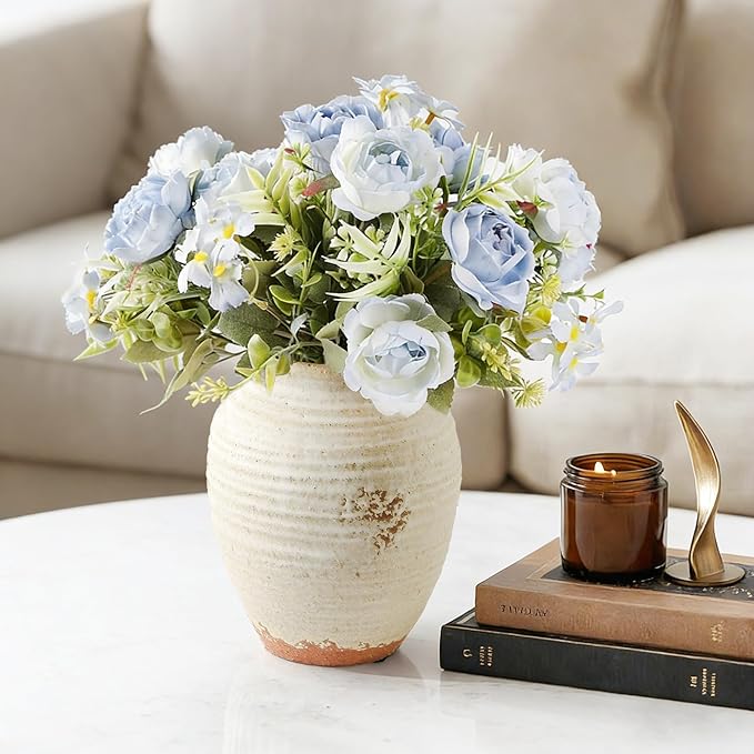 Ceramic Decorative Flower Vase 7 Inch Pottery Rustic Farmhouse Boho Terracotta Vase for Home Decor, Table, Living Room, Bathroom, Shelf, Mantel Decoration