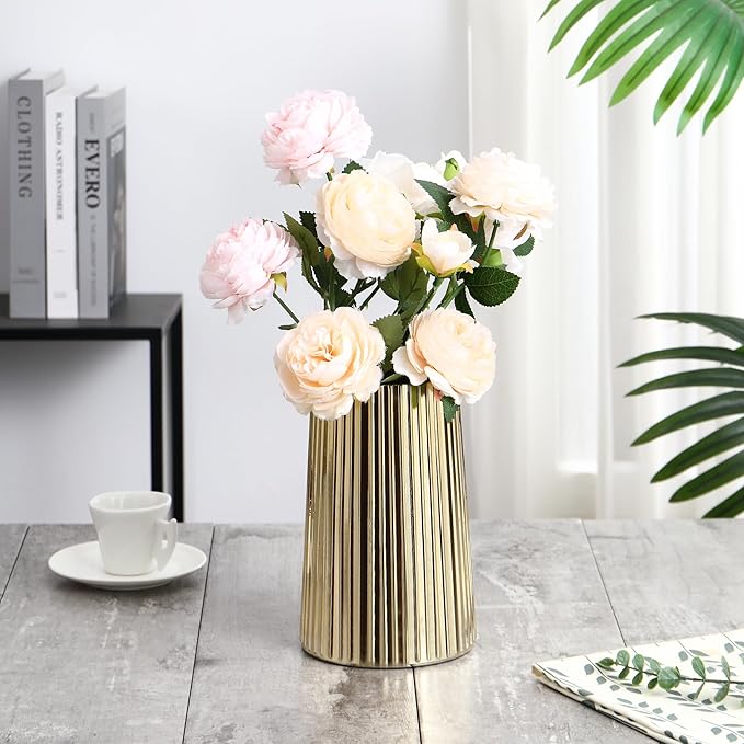 Gold Glass Vase for Flower, Flower Vase for Bouquet, Modern Glass Vases, Ribbed Vases for Living Room, Bedroom, Dining Table, Office, Wedding, Centerpieces, 8 Inches