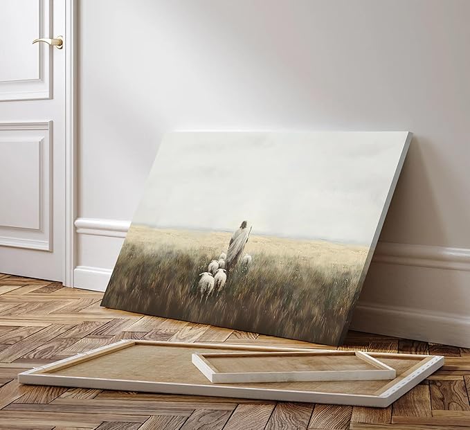 Jesus and Lamb Canvas Wall Art Vintage Christianity shepherd Painting Picture Wall Decor Jesus Leaves the 99 Sheep Inspirational Poster Print Artwork for Church Study Living Room Home Decoration