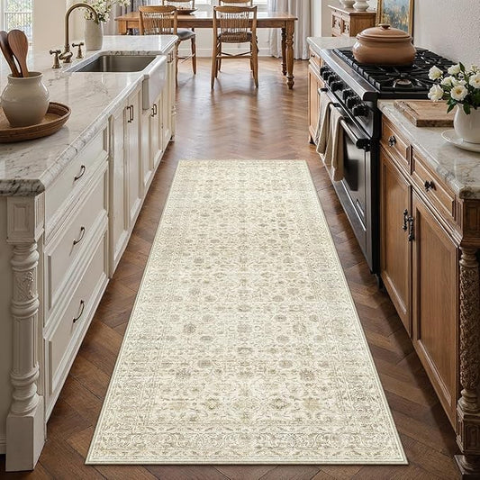 PureCozy 2x6 Runner Rug Machine Washable Hallway Kitchen Vintage Distressed Non Slip Carpet Indoor Small Long Low Pile Thin Beige Bedroom Bathroom Retro Accent Throw Rug Laundry Living Room
