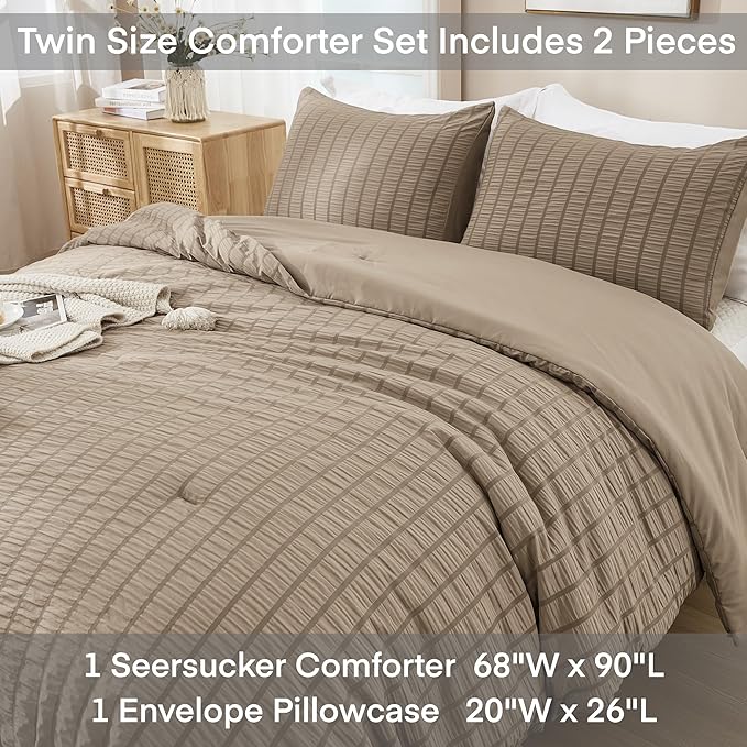 AveLom Taupe Seersucker Twin Comforter Set (68x90 inches), 2 Pieces-100% Soft Washed Microfiber Lightweight Comforter with 1 Pillowcase, All Season Down Alternative Comforter Set for Bedding