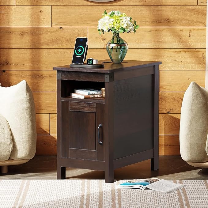 WLIVE End Table with Charging Station, Narrow Side Table for Living Room, Farmhouse Night Stand with Storage, Small Wooden Nightstand with USB Ports and Outlets for Living Room and Bedroom, Brown