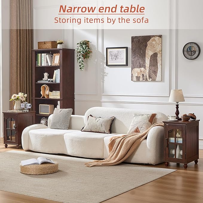 Narrow Side Table,Farmhouse Nightstand with Charging Station,Wood End Table with Glass Barn Door Storage, Cabinet Organizer with Adjustable Shelf, Night Stand for Small Spaces for Living Room Bedroom