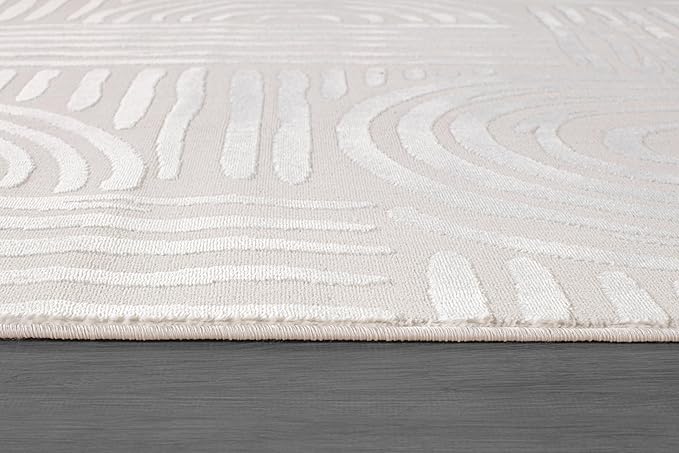 Beverly Rug Modern Geometric Area Rug 6x9 Low-High Pile Durable Soft Abstract Curved Indoor Rugs for Living Dining Room Office Stain Resistant Non Shedding Casual Indoor Carpet Beige White 6 x 9