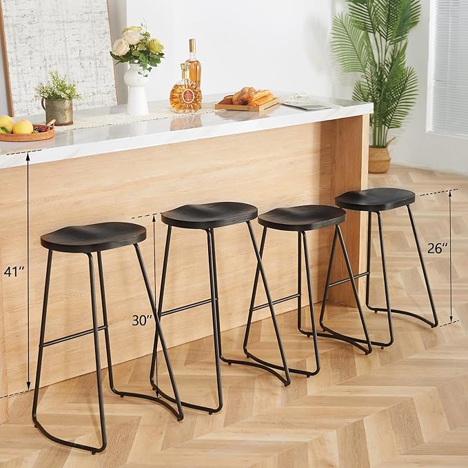 HeuGah Bar Stools Set of 2, 30 Inch Counter Height Wood Bar Stools, Black Saddle Seat Barstool for Kitchen Island, Industrial Bar Height Stool with Metal Leg (Black, 2 PCS 30Inch Barstool)