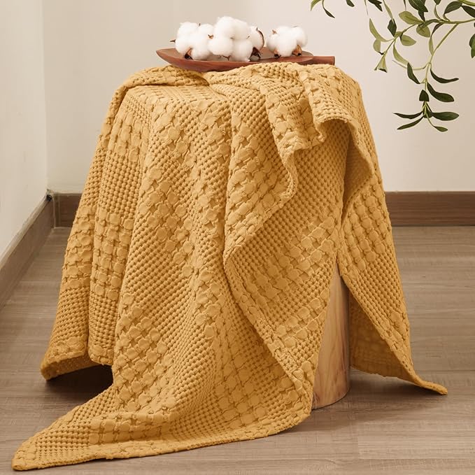 PHF 100% Cotton Waffle Weave Throw Blanket, Soft Lightweight Breathable Cozy Throws for Couch Bed Sofa, 300 GSM Luxury Aesthetic Blanket Gift for Home Decor & Office, 50"x60", Pumpkin Orange