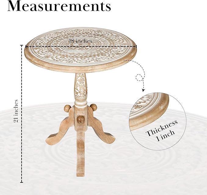 The Wooden Town Round End Table, 18x21 Inch, White Wash, Handcrafted Engraved Carved Side Table with Pedestal Base, Solid Mango Wood