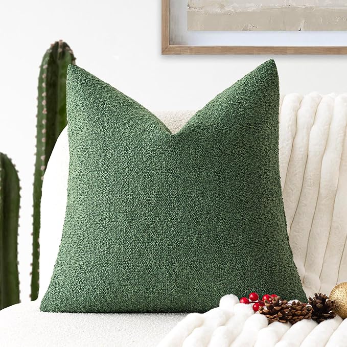 Foindtower Decorative Textured Boucle Throw Pillow Covers Accent Solid Pillow Cases Neutral Soft Cozy Couch Cushion Case for Chair Sofa Bedroom Living Room Home Decor 24 x 24 Inch,Hunter Green