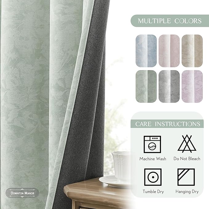 Beauoop Green Floral Jacquard Blackout Curtains 63 Inches Long 2 Panels for Bedroom Living Room Sage Flower Chenille Room Darkening Thermal Insulated Soundproof Grommet Window Treatments Drapes, 52x63