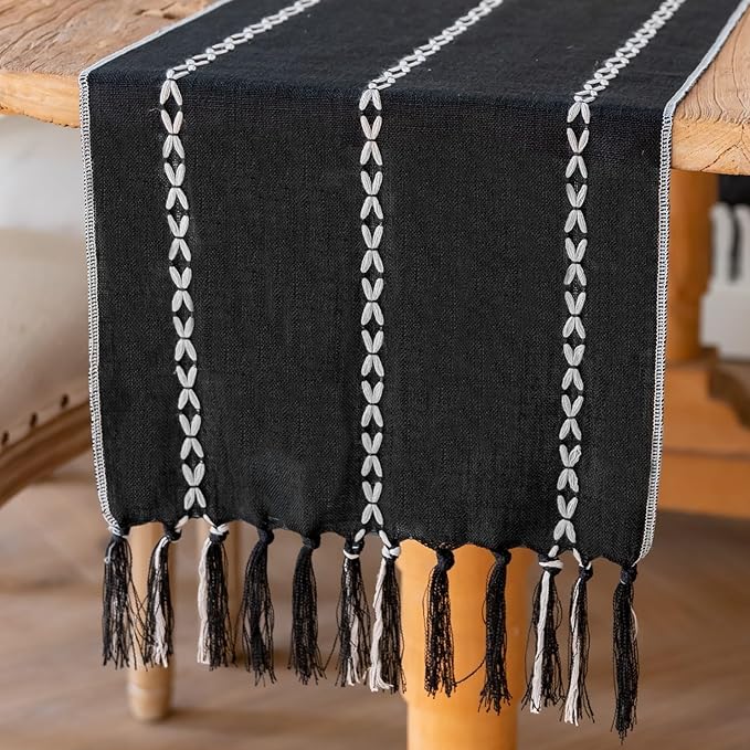 Niviy Halloween Black Table Runner 48 Inches Long, Fall Black Embroidered Striped Braided Boho Table Runner for Holiday Home Party Indoor Outdoor 12 x 48 Inch