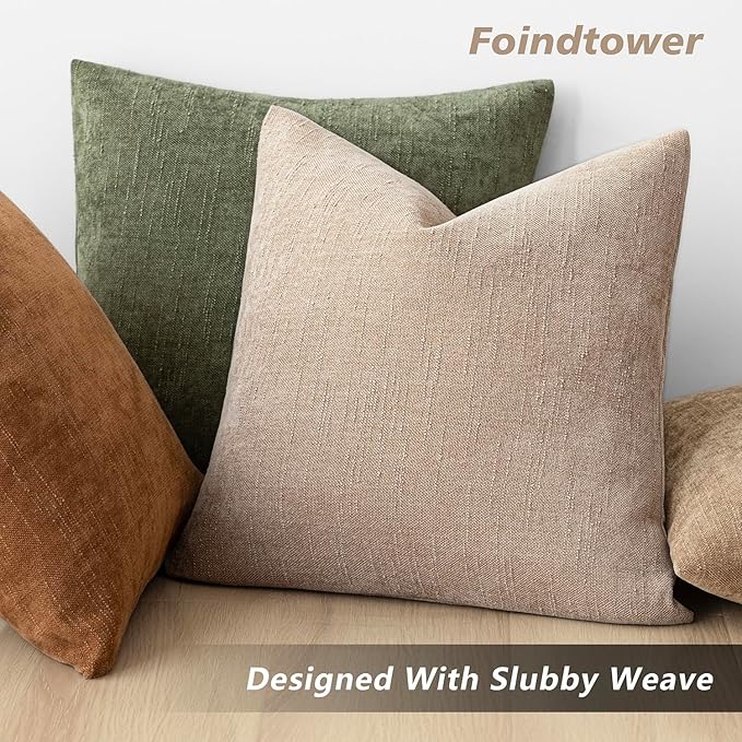 Foindtower Set of 2 Soft Textured Chenille Throw Decorative Pillow Covers Square Accent Solid Cushion Cover Cozy Neutral Farmhouse Pillow Case for Couch Sofa Bedroom Living Room 16x16 Inch,Cream Camel
