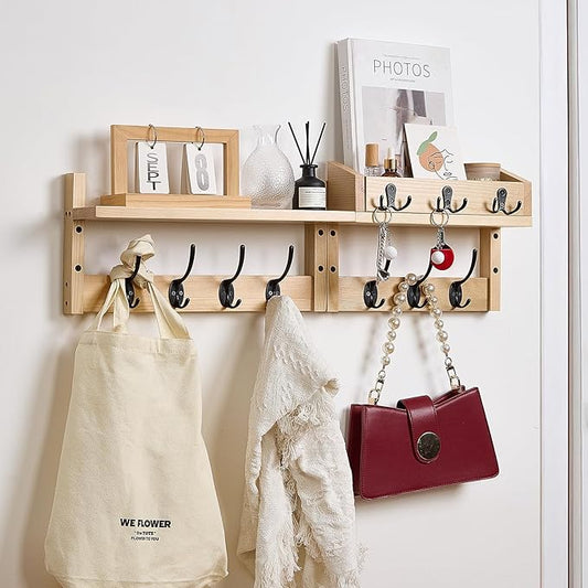 28.9" Wall Hanger Coat Rack Key Holder Wall Mount with Shelf,11Shelf with Coat Hooks Wall Mount, Coat Hangers for Bathroom, Living Room, Bedroom (Wood Color)