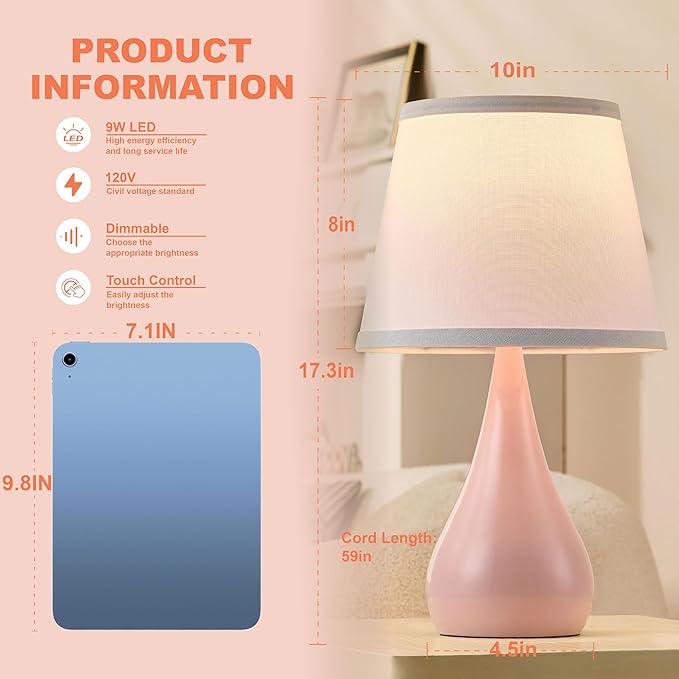 17.3'' Modern Dimmable Touch Lamps for Nightstand 2pcs, Table Lamps for Living Room, Reading Desk Lamp for Office, Bedside Lamps with Iron Base, Small Lamp for Bedroom, Bulb Included, Pink