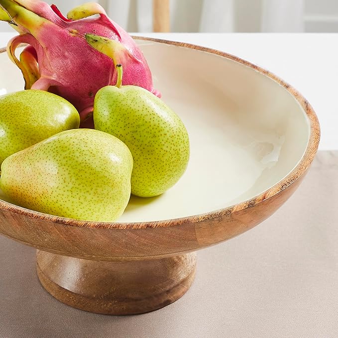 VHC Brands Natural with White Wooden Fruit Bowl 5.5x12x12, Kitchen Decor, Decorative Wooden Pedestal Bowl, Perfect Centerpiece for Table, Island, or Counter