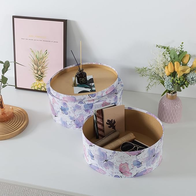Soul & Lane Large Oblong Cardboard Decorative Storage Boxes with Lids, Set of 2 Cardboard Boxes for Flowers and Gifts, Oval Nesting Memory Containers for Keepsakes and Organizing, Butterfly Garden