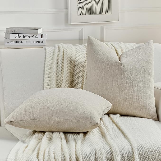 FUTEI Beige Chenille Decorative Throw Pillow Covers 26x26 Inch Set of 2,Soft Cozy Faux Linen Textured Euro Pillow Shams,Farmhouse Home Decor for Couch Living Room