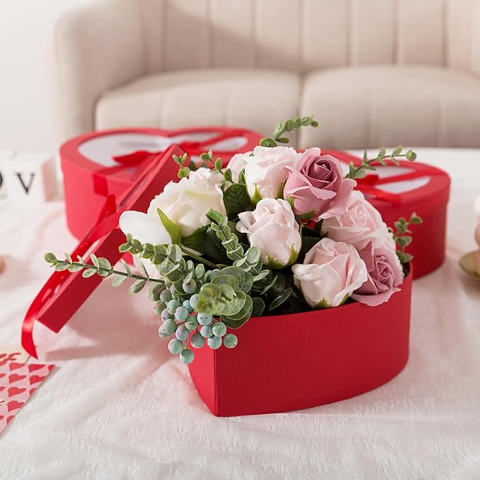 Soul & Lane Red Heart Shaped Gift Boxes with Clear Lids and Decorative Bows: Set of 3 Cardboard Heart Boxes for Flowers, Chocolates, Large Box for Flower Arrangements and Valentine’s Day Presents
