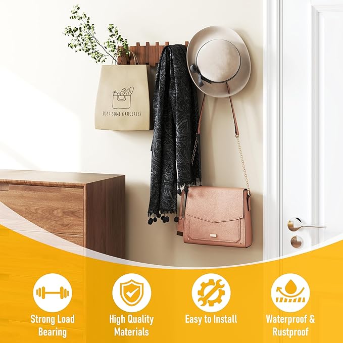 Wood Wall Mounted Coat Rack with 10 Flip Down Hooks, Heavy Duty Piano Style Wall Hook Rack, Decorative Coat Hooks Wall Mount for Entryway, Living Room, Bedroom, Bathroom, Kitchen