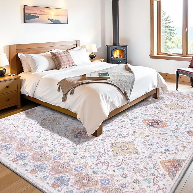 Vanmoos 5x7 Area Rugs for Living Room, Bedroom - Machine Washable, Non-Slip Bedside Rug, Large Soft Floor Carpet for Office, Dining Room, Farmhouse and Home Decor, Charm/Beige