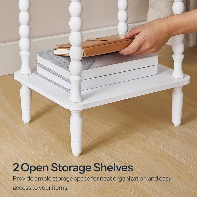 HOOBRO End Table, 2-Tier Small Side Table with Spindle Legs, Nightstand with Storage Shelves, Sofa Side Table, for Living Room, Bedroom, Small Space, White WT189BZ01