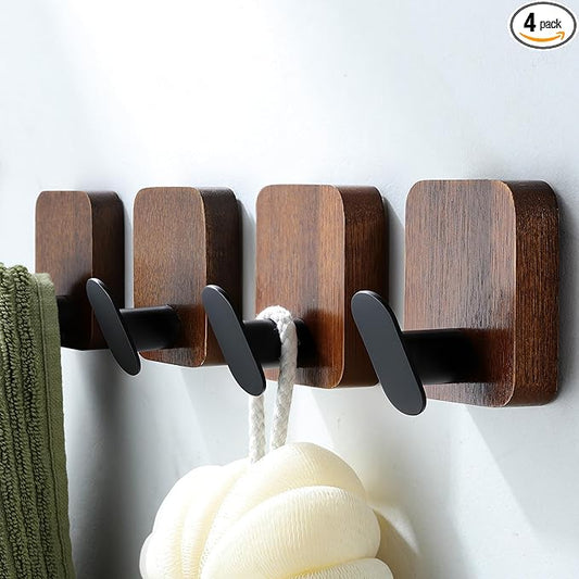 DELITON Wooden Wall Hooks, 4 Pack Acacia Adhesive Towel Hooks Sticky on Bathrooms, Kitchen, Entryway, Heavy Duty, Wall Decor