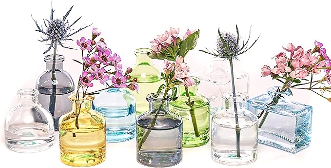 CHIVE ‘Loft’ Small Mini Flower Vases - Clear Glass Bud Vases, Set of 10 Color - Cute Vintage Rustic Centerpieces for Wedding, Events & Home - Premium Quality, Designed to Last