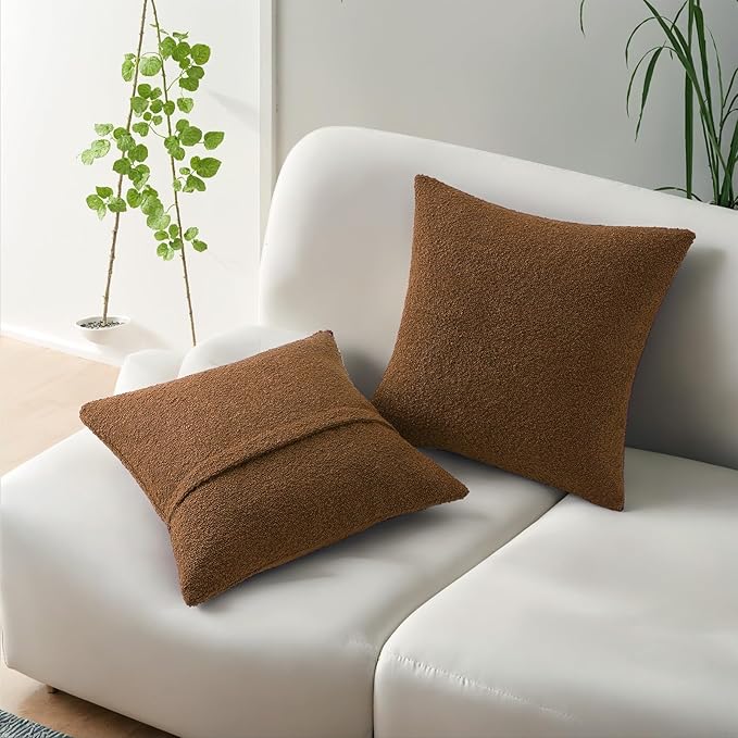 HAUSSY Set of 2 26x26 Decorative Throw Pillow Covers, Soft Cozy Euro Pillow Shams Textured Boucle, Home Decor for Couch Bed Living Room, Tobacco