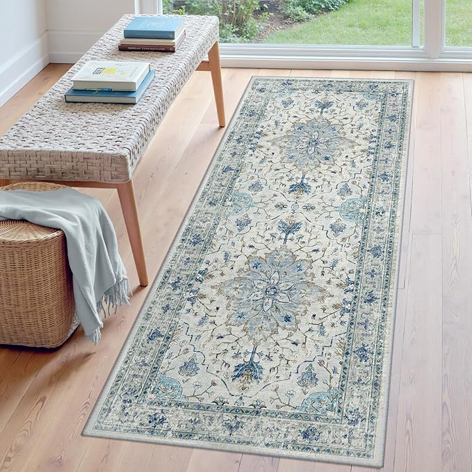 RELEANY Area Rugs 3'x6' Washable Non-Slip, Floral Vintage Distress Print Pattern Medallion Carpet for Living Room Bedroom Dining Room, Light Blue Navy Beige Gray White