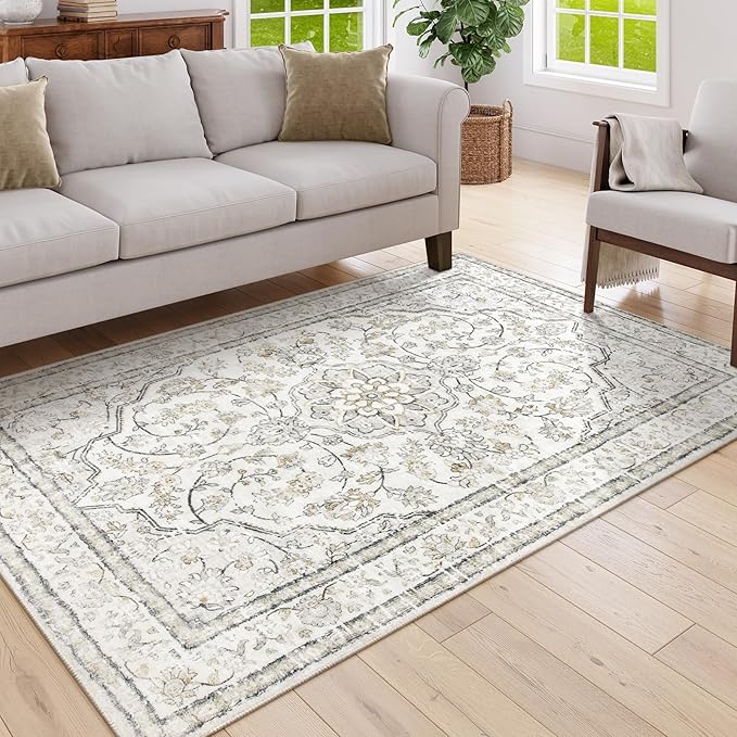 Lahome Beige Area Rug 5x7 Non Slip Washable Oriental Traditional Distressed Rugs for Bedroom Soft Low Pile Neutral Modern Farmhouse Decor Vintage Living Room Indoor Floor Accent Carpet