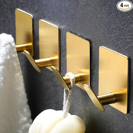 DELITON Gold Towel Hooks- 4 Pack Adhesive Hook for Coat Robe Clothes Stick on Bathroom Wall Brushed Gold Finish Heavy Duty, Stainless Steel