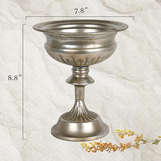 WORTH Small Urn Vases for Centerpieces Set of 2, Classic Metal Trumpet Flower Pots for Table, Bowl Vase for Wedding Party Event Home Deco (Silver, 7.8" Dia x 8.8" H)