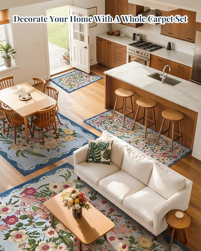 AREAMAY Floral Rug for Living Room - 4x6 Washable Area Rugs Non-Slip Soft Low-Pile Stain Resistant Carpet Unique Flower Print Vintage Indoor Rug for Bedroom Dining Room Office Nursery Room, Blue