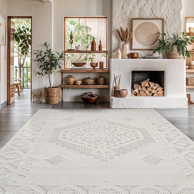 Luul Home Modern Micro Loop Indoor Area Rugs for Living Room Bedroom Kitchen Geometric Trellis White 5x7 Luxury Durable Low and High Pile Non-Shedding Stain Resistant Soft Area Carpet 5 x 7
