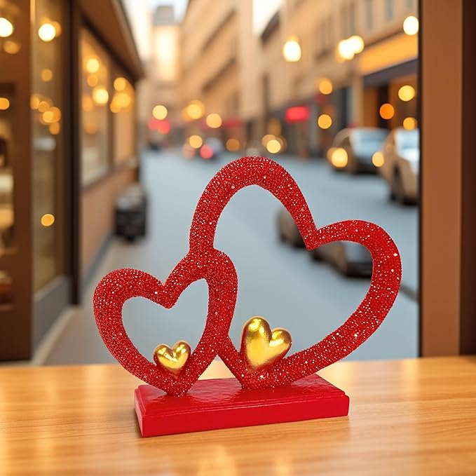Double Heart Sculpture Valentine’s Day Statue, Faux Beaded Texture with Gold Accents, 7.9" Red Romantic Decor for Shelf, Mantel, Bedroom, Wedding, for Her