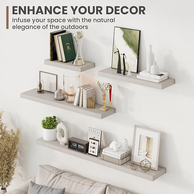 48 Inch Floating Shelves, 8 Inch Deep Floating Shelves for Wall, Hanging Shelf with Invisible Brackets, Deep Shelves for Bathroom, Bedroom, Living Room, Grey, Set of 2