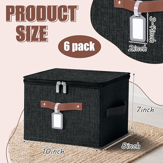 6 Pack Fabric Storage Bins with Lids and Label, 10×8×7Inch Foldable Cotton Linen Cute Storage Boxes with PU Leather Handles for Closet, Bedroom, Shelf, Nursery, Black