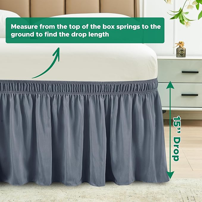 Biscaynebay Wrap Around Bed Skirts for King & Cal King Beds 15" Drop, Dark Grey Adjustable Elastic Dust Ruffles Easy Fit Wrinkle & Fade Resistant Silky Luxurious Fabric Machine Washable
