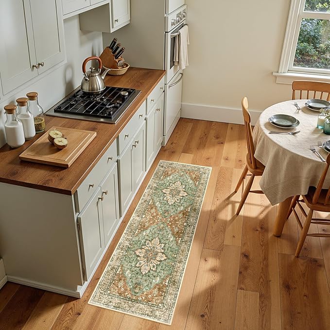 RELEANY Area Rugs 2'x5' Washable Non-Slip, Floral Vintage Distress Print Pattern Medallion Carpet for Living Room Bedroom Dining Room, Brick Red Rust Neutral Brown Burnt Orange Green