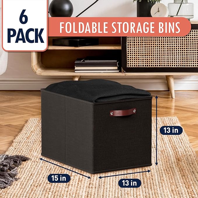 Ornavo Home 13 x 15 x 13 Kallax Storage Cube Bins, Foldable Collapsible Fabric Storage Bins Box Linen Shelf Basket Cube Organizer for Closet with Leather Handles, 6 Pack, Black