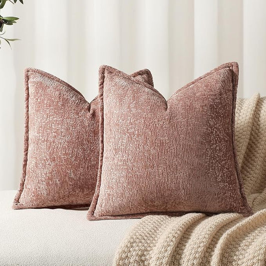 DEZENE Pack of 2 Pink Decorative Throw Pillow Covers 18x18 Cozy Soft Chenille Boho Accent Vintage Farmhouse Square Couch Pillow Covers for Home Decor Bed Sofa Living Room