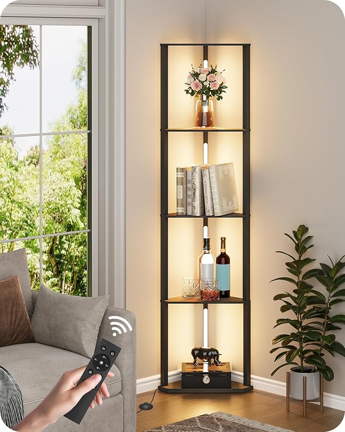 GOEBLESON 63.4” Display Shelf with Light, Modern Corner Floor Lampe with Shelves, LED Dimmable Standing Lamp with Remote for Living Room, Bedroom, Office, Adjustable CCT, Black Triangle B55LD05