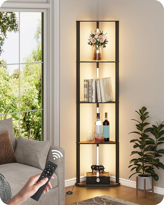 GOEBLESON 63.4” Display Shelf with Light, Modern Corner Floor Lampe with Shelves, LED Dimmable Standing Lamp with Remote for Living Room, Bedroom, Office, Adjustable CCT, Black Triangle B55LD05