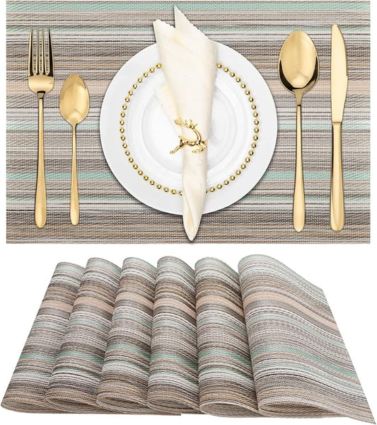 Winknowl Placemats Set of 6, Heat Resistant Non-Slip Vinyl Woven Table Mats for Dining Table, Washable Durable Elegant Place Mats for Kitchen Indoor/Outdoor Use (Teal Green)