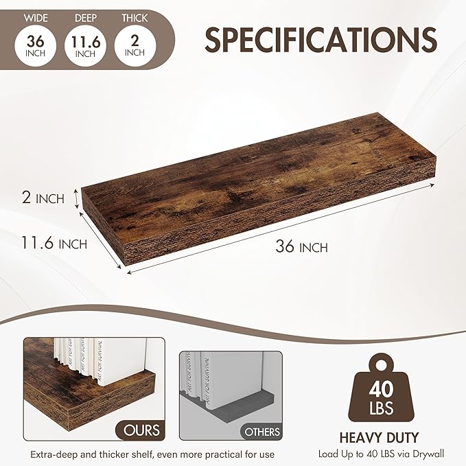 36 Inch Floating Shelves, 12" Deep Floating Shelf Wall Mounted, 36" Wall Shelves, Rustic Deep Bookshelf, Extra Deeper & Thicker Display Shelves for Bedroom, Living Room, Brown, Set of 2