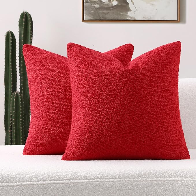 FUTEI Valentine's Day Pack of 2 Red Decorative Throw Pillow Covers 22x22 Inch Soft Cozy Solid Boucle Textured Cushion Case,Modern Home Decor for Couch Bed Living Room
