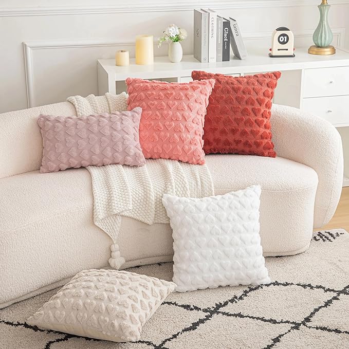 AQOTHES Set of 2 Heart Love Cute Dark Pink Decorative Valentines Throw Pillow Covers 12x20, Soft Plush Faux Fur Pillow Covers for Couch Sofa Home Valentines Day Decoration