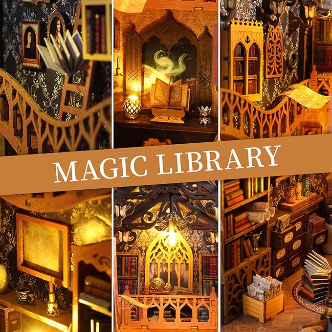 suruim DIY Book Nook Kit Bookend Puzzle Miniature Nook Library Bookshelf Insert Bookends Decoration Books Ornaments Gifts for Adults(Magic House-2)